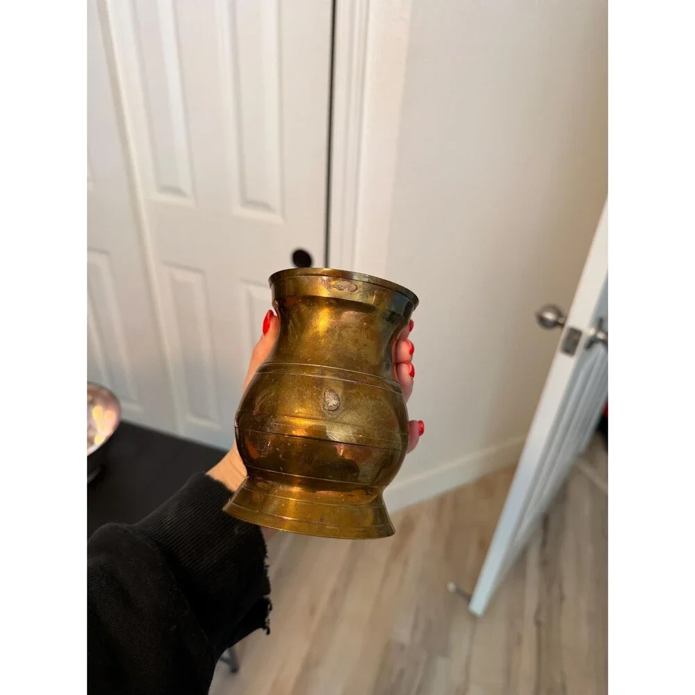 Vintage Brass Vase | Aged Brass Urn Vessel | Mid Century Brass Decor | Patina Fl